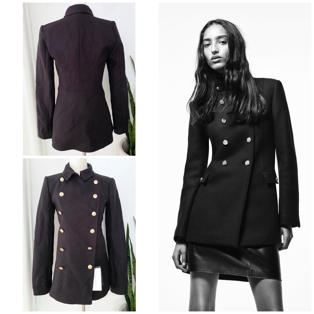 NWT Zara Woman Navy Blue Military Wool Blend Coat